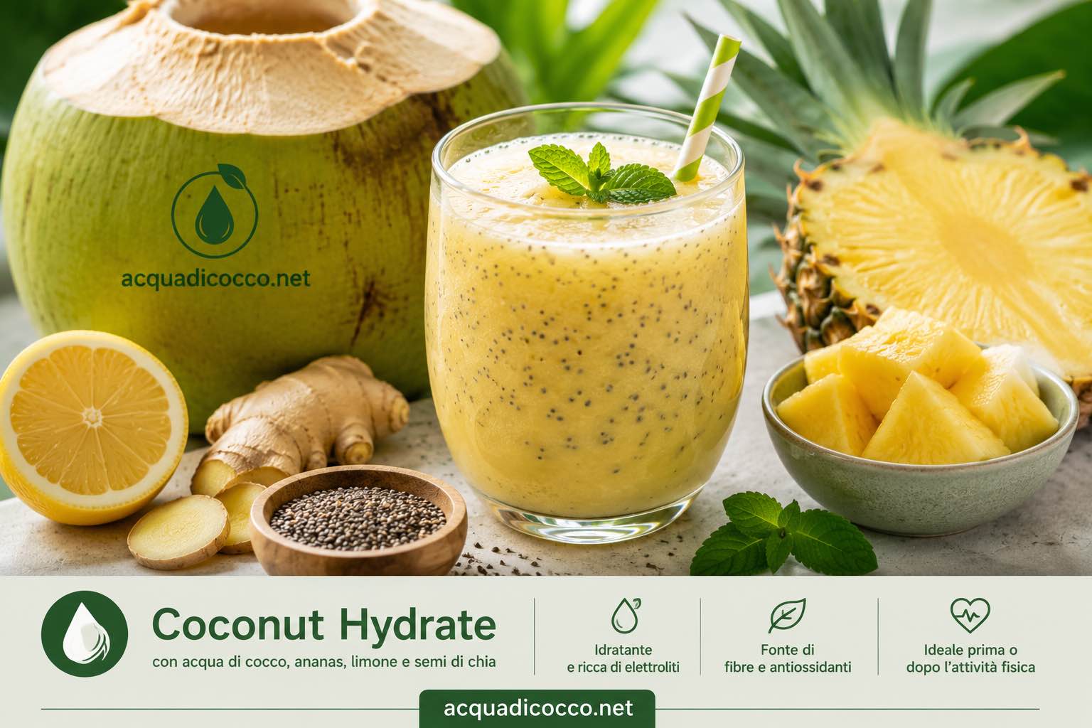 Coconut Hydrate con acqua di cocco, ananas, limone e semi di chia