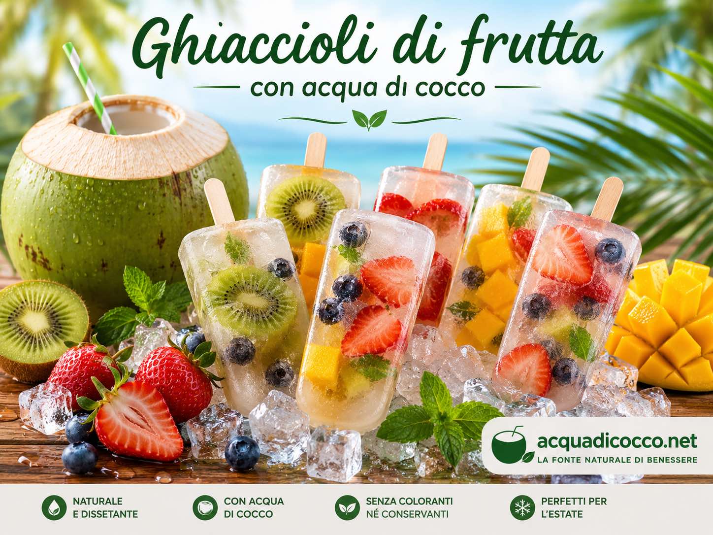 Ghiaccioli di frutta con acqua di cocco