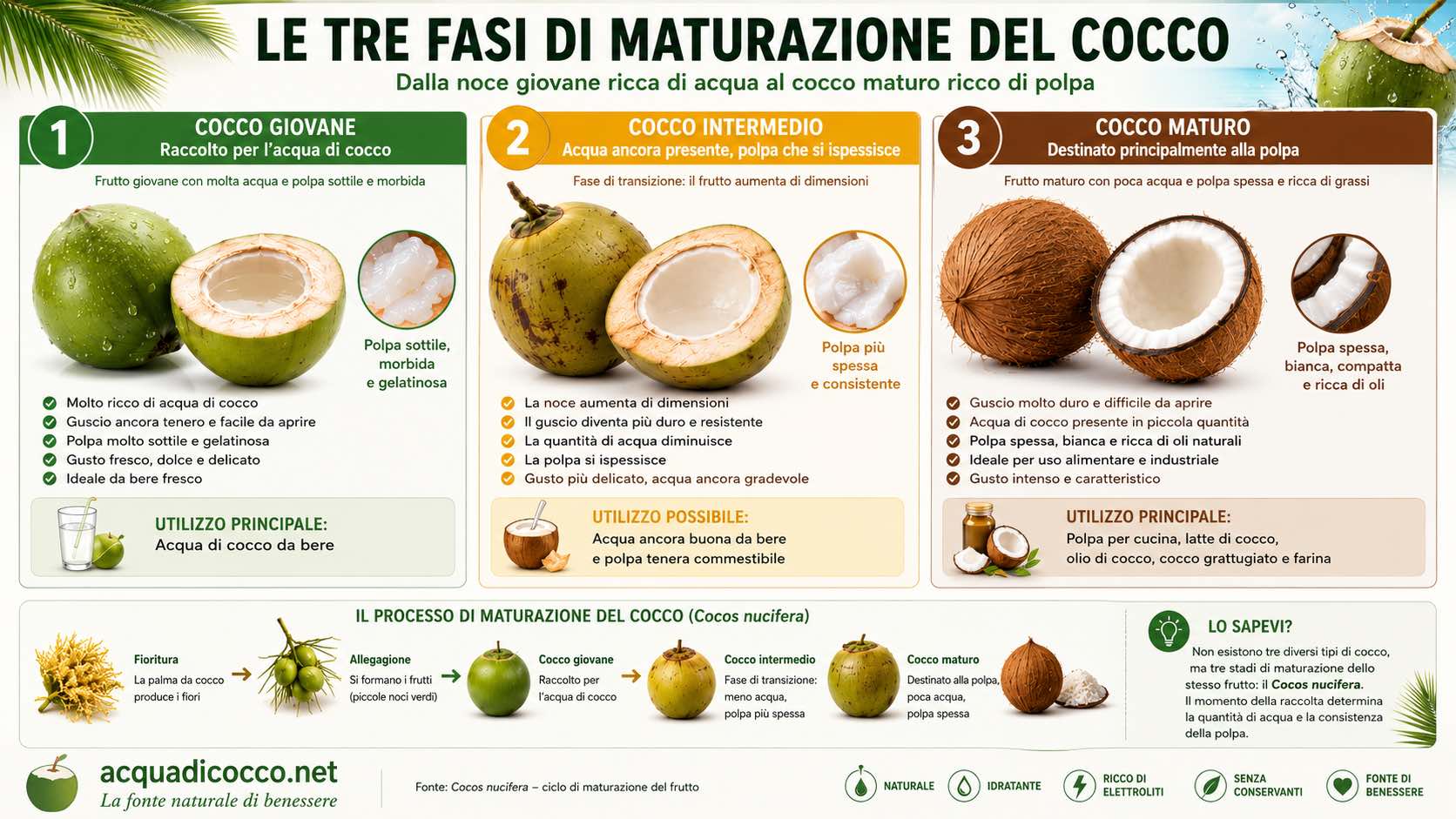 Infografica delle tre fasi di maturazione della noce di cocco