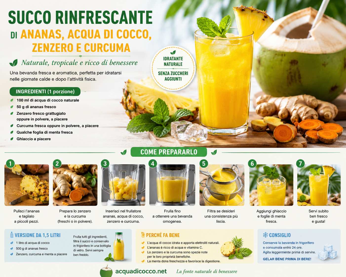 Succo di ananas con acqua di cocco, zenzero, curcuma e menta